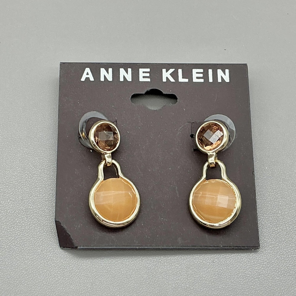 Anne‎ Klein Earrings Gold Tone Peach Stone Dangle Drop Brown Top Accent Jewelry